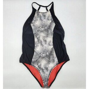 Zella One Piece Swimsuit Size XL Black White Racerback Halter Adjustable Strap